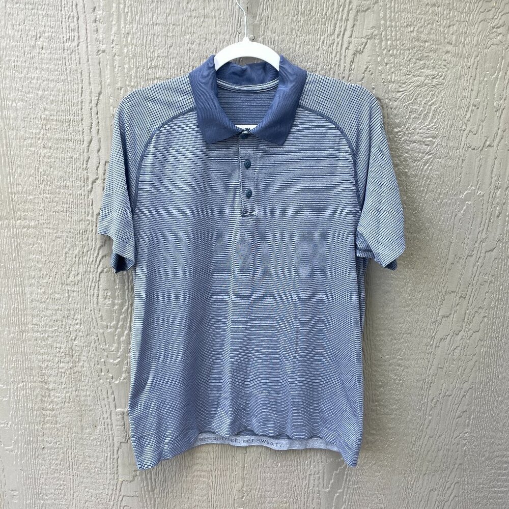 Lululemon Men’s Polo Shirt‎ Size L/XL? Get Outside Get Sweaty Striped Navy Golf